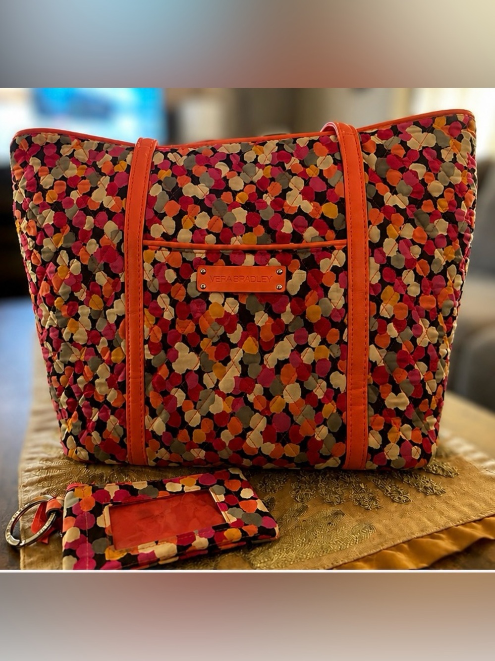 Vera Bradley Quilted Multicolor Confetti Tote with Pink/Orange Trim